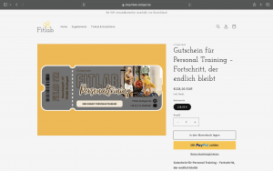 Screenshot des Fitlab Stuttgart Onlineshops, auf dem verschiedene Wertgutscheine für Personal Training und Faszien-Stretching angeboten werden.