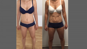 Vorher-Nachher-Ergebnis einer Frau nach Abnahme durch proteinreiche Ernährung und Training