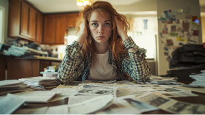 Rothaarige Frau sitzt verzweifelt vor Rechnungen; Symbol für chronischen Stress und Sorgen.