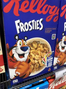 Kellogg’s Frosties Cornflakes, stark gezuckertes Kinderfrühstück.