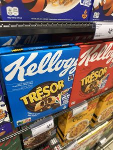 Kellogg’s Tresor Cerealien, gefüllt mit Schoko-Nougat, extrem kaloriendicht.