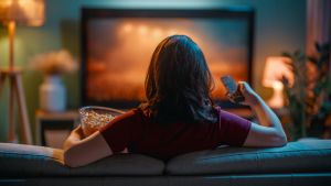 Eine Frau sitzt entspannt mit einer Schüssel Popcorn vor dem Fernseher.