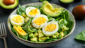 Gesunder Eier-Avocado-Salat als fettreiche Mahlzeit für die Bioverfügbarkeit von Multivitaminen.