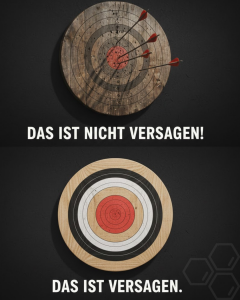 Vergleich zweier Zielscheiben: Eine alte mit Pfeilen daneben ("Kein Versagen") und eine neue ohne Pfeile ("Das ist Versagen").