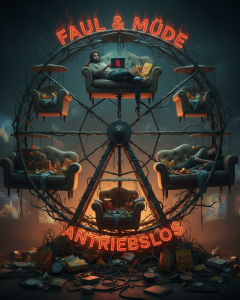 Infografik zum Teufelsrad der Bequemlichkeit: Kreislauf aus Müdigkeit, Junkfood, Netflix und fehlender Bewegung.