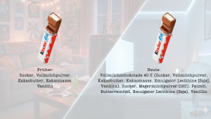 Vergleich der Zutatenliste von Kinderriegel Schokolade früher (wenige Zutaten) und heute (mit Palmöl und Emulgatoren).