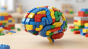 Fotorealistisches, buntes Gehirn, komplett aus bunten Lego-Klemmbausteinen zusammengesetzt, als Visualisierung von Kreativität und Denkprozessen.