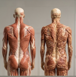 Anatomischer Vergleich von gesundem, trainiertem Fasziengewebe und verklebtem, unkonditioniertem Gewebe.