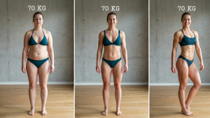 Vergleich von drei Körperstufen einer Frau mit jeweils 70kg Körpergewicht: von füllig über athletisch bis hin zu top definiert mit Sixpack-Ansatz.