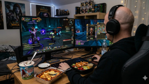 Personal Trainer Daniel Striffler als junger Mann, der konzentriert World of Warcraft spielt, umgeben von Lasagne, Eisbecher (Ben & Jerry's) und Zigarettenschachtel.