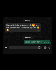 Chatnachricht einer Fitlab Kundin wünscht Daniel Striffler alles Gute als bestem Personal Trainer Stuttgart
